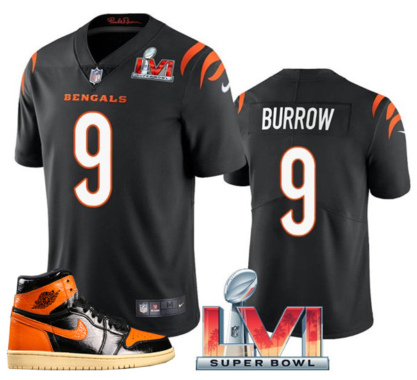 Men's Black Bengals #9 Joe Burrow 2022 Super Bowl LVI Stitched Jersey + AJ 1 Shoes